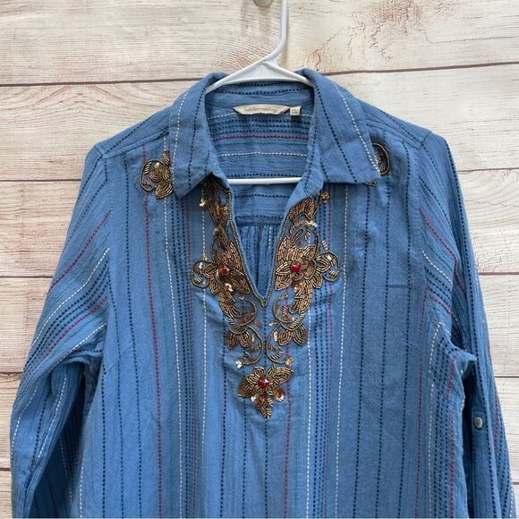 SOFT SURROUNDINGS EMBELLISHED TUNIC TOP IN BLUE COTTON - Picture 2 of 6